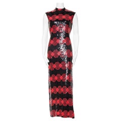 1960S ADELE SIMPSON Black & Red Silk Chiffon Oil Slick Op-Art Geometric Sequin