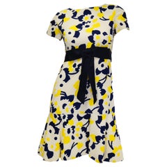 1960s Adele Simpson Blue, Yellow, and White Quilted Floral Dress