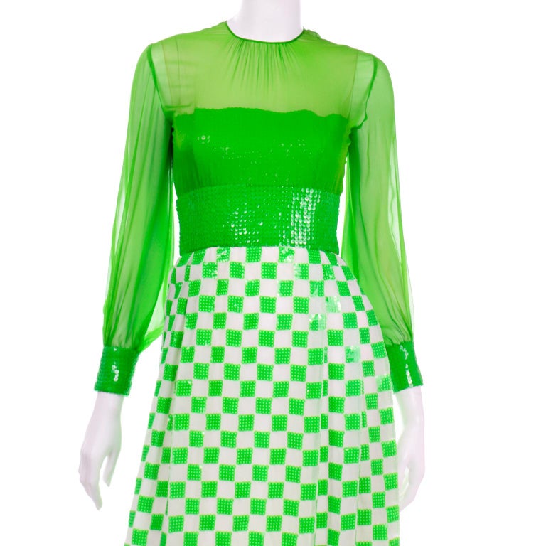 1960's Adele Simpson Vintage Green Dress w Sequins Deadstock New w Original Tags 2
