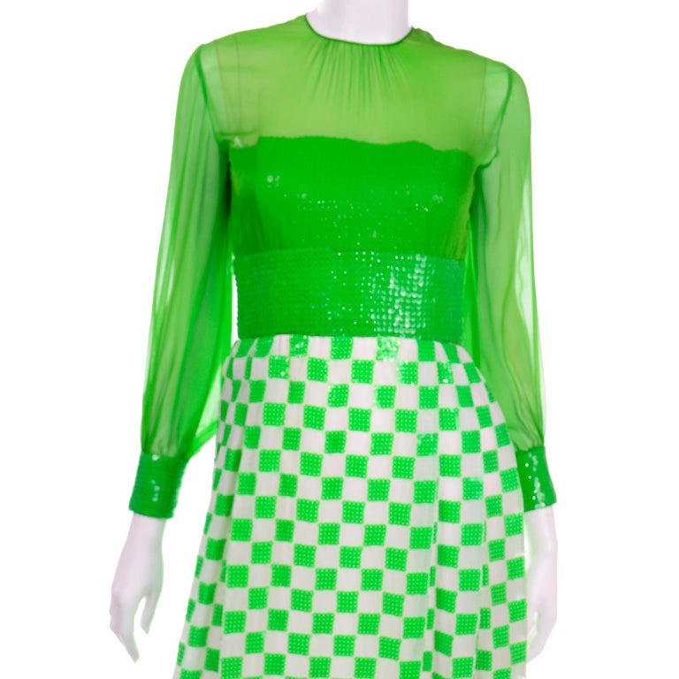 1960's Adele Simpson Vintage Green Dress w Sequins Deadstock New w Original Tags 3