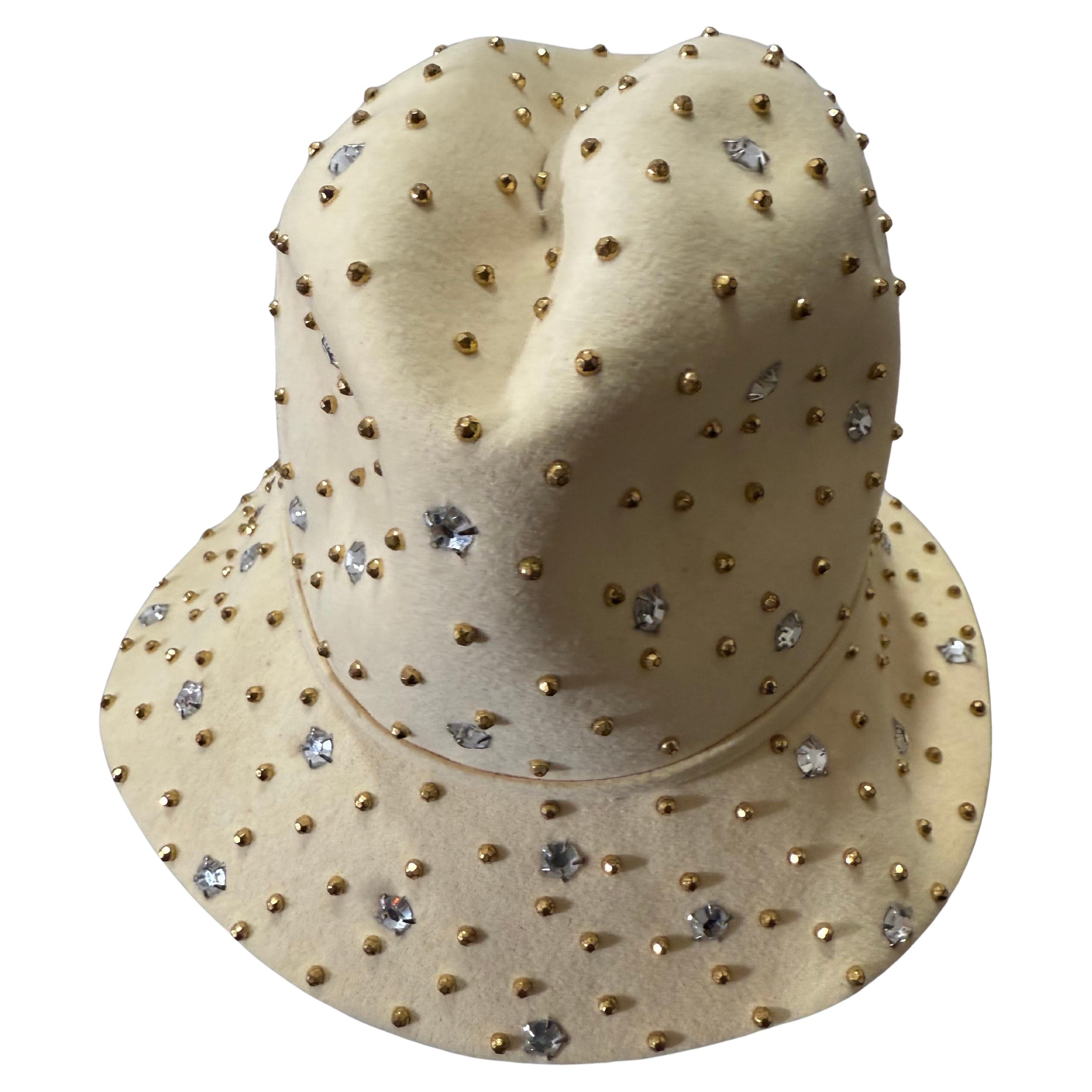 1960s Adolfo Cream Wool Felt Fedora Hat w Faceted Gold Studs
Rhinestones