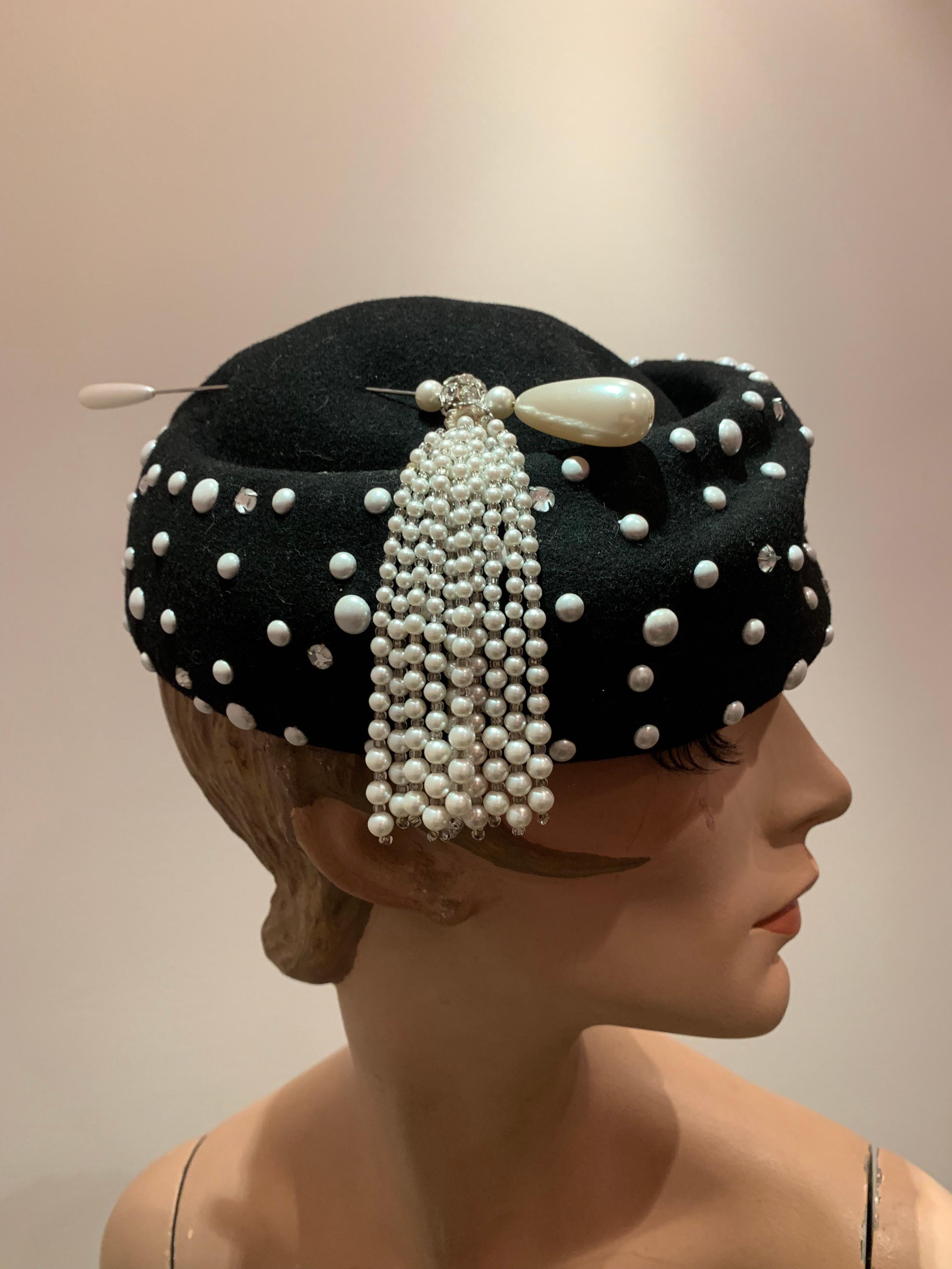 1960s Adolfo II Black Felt Hat Studded W/ Pearls Rhinestones & Tasseled Hatpin In Excellent Condition In Gresham, OR