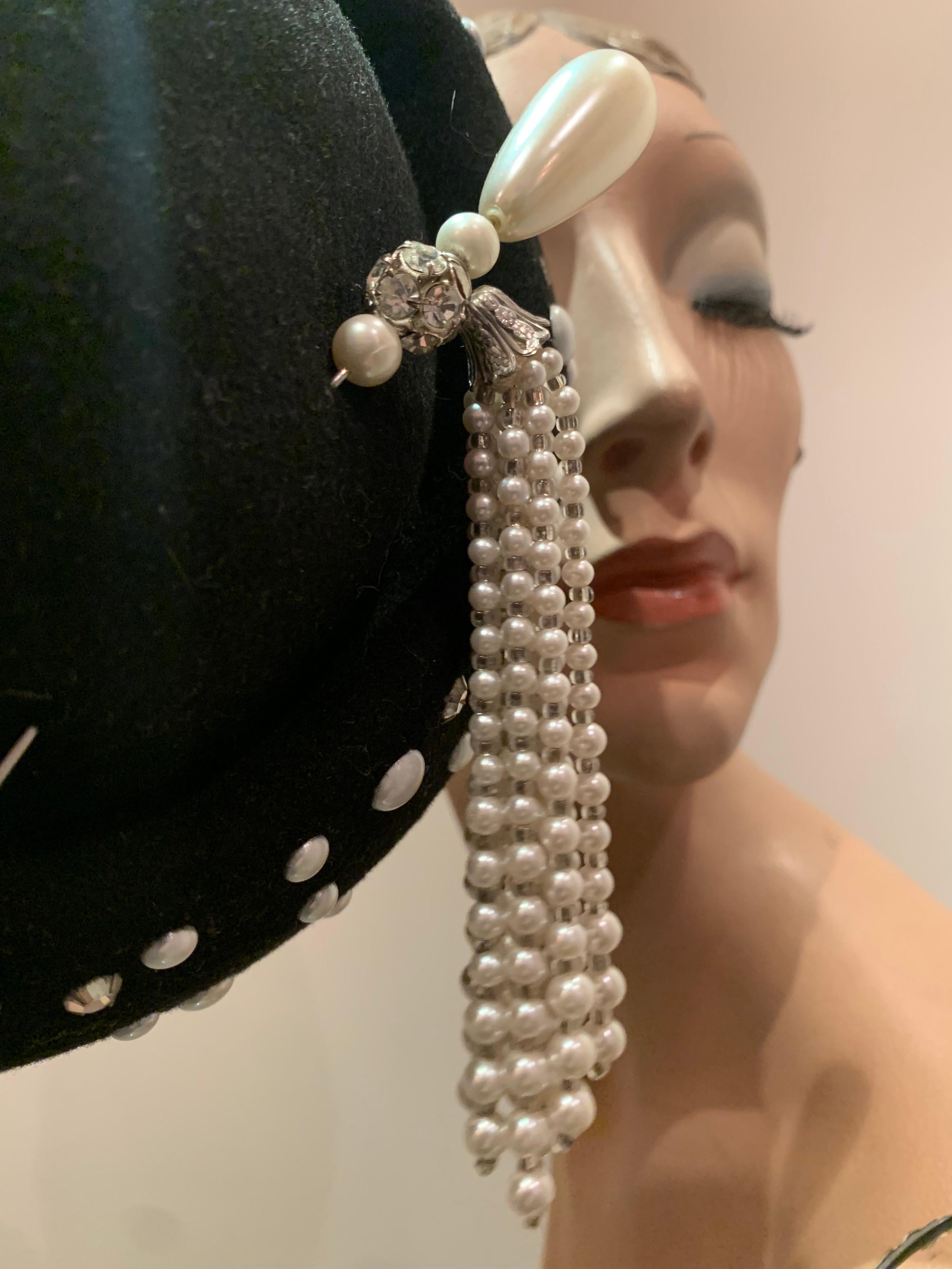 Women's 1960s Adolfo II Black Felt Hat Studded W/ Pearls Rhinestones & Tasseled Hatpin