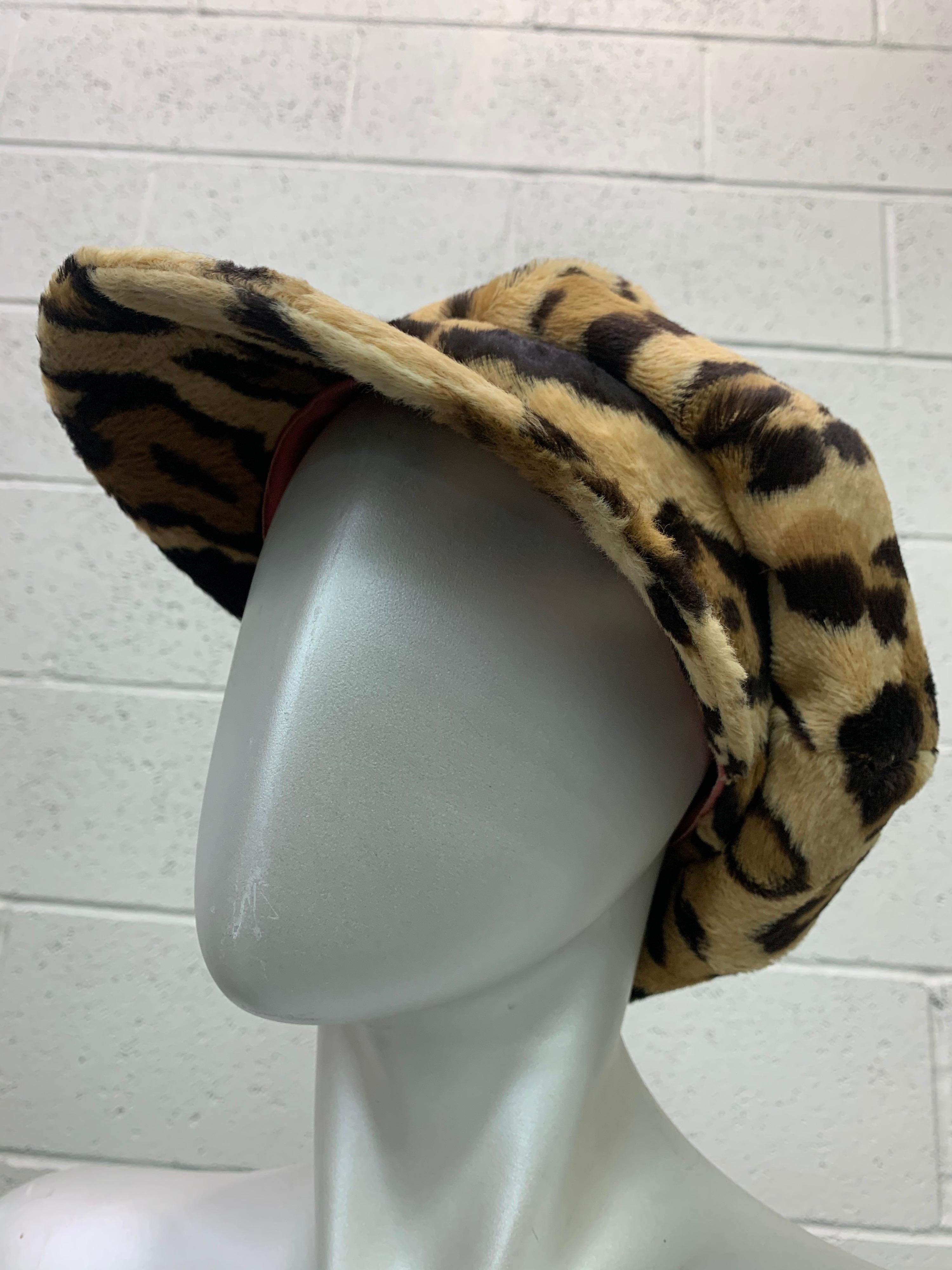Brown 1960s Adolfo Mod Leopard Faux Fur Newsboy-Style Hat w/ Brim