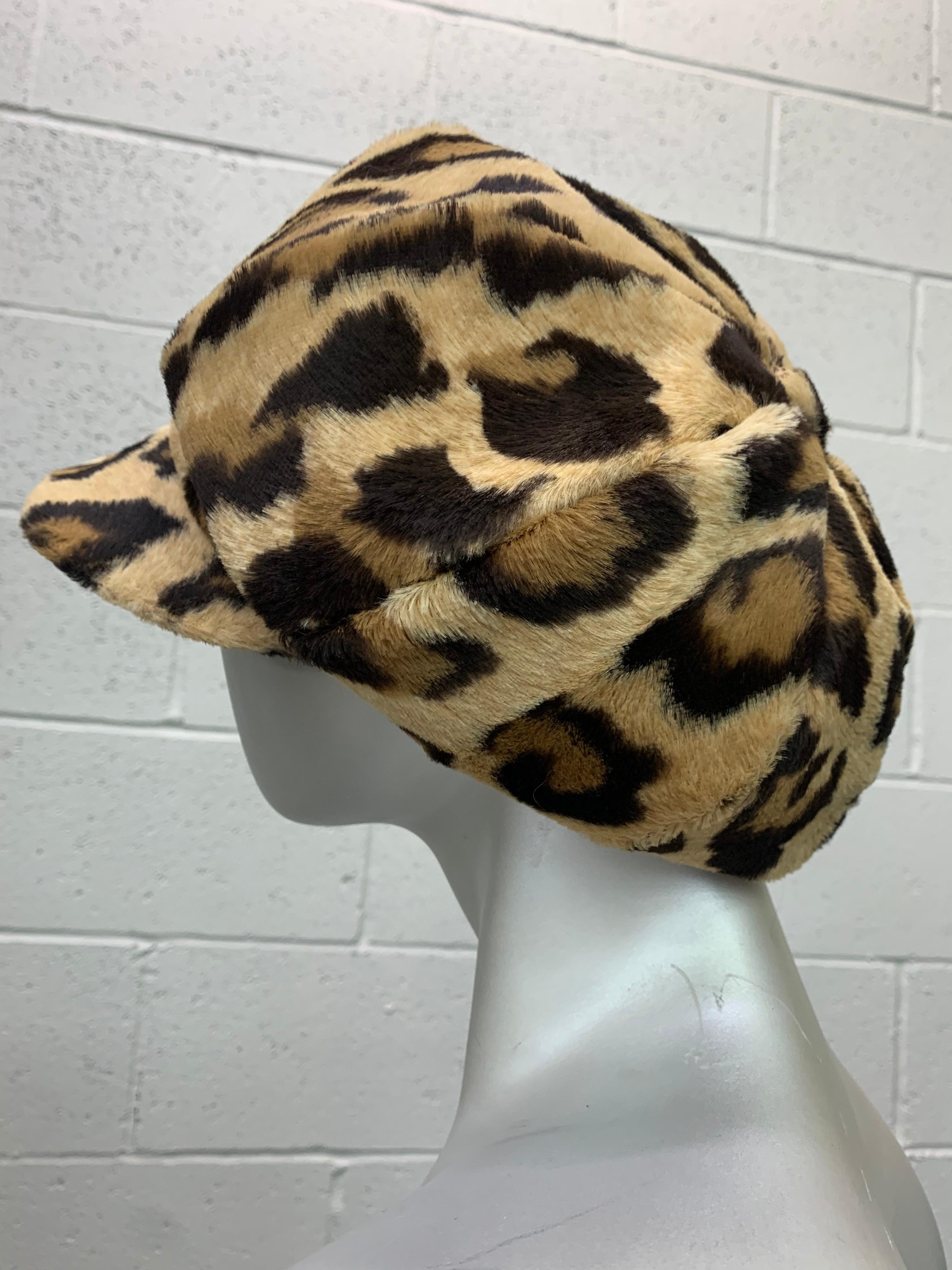 Women's or Men's 1960s Adolfo Mod Leopard Faux Fur Newsboy-Style Hat w/ Brim