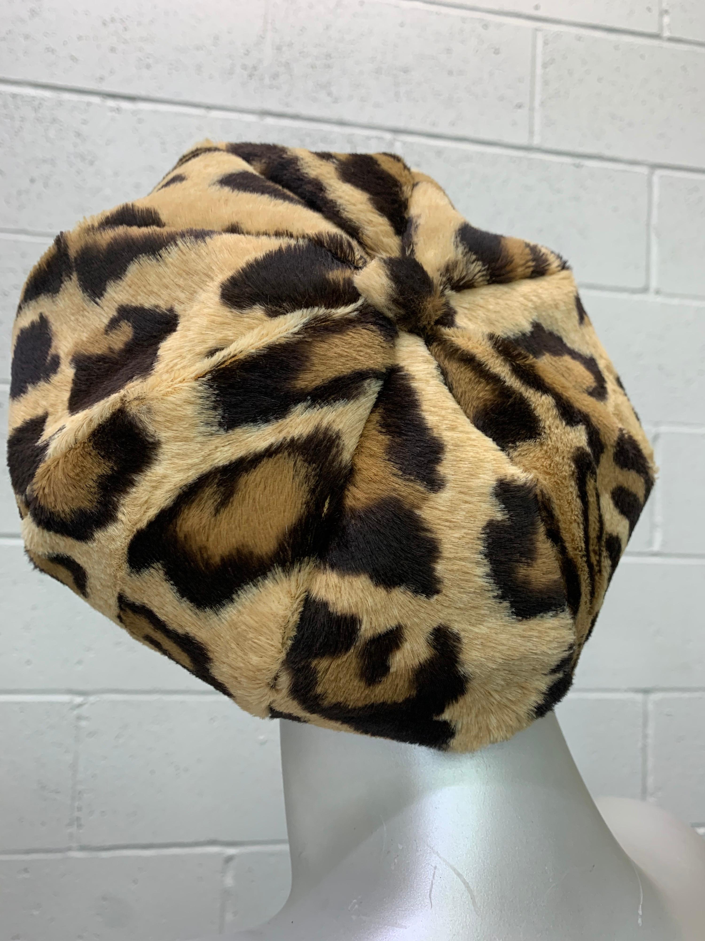 1960s Adolfo Mod Leopard Faux Fur Newsboy-Style Hat w/ Brim 1