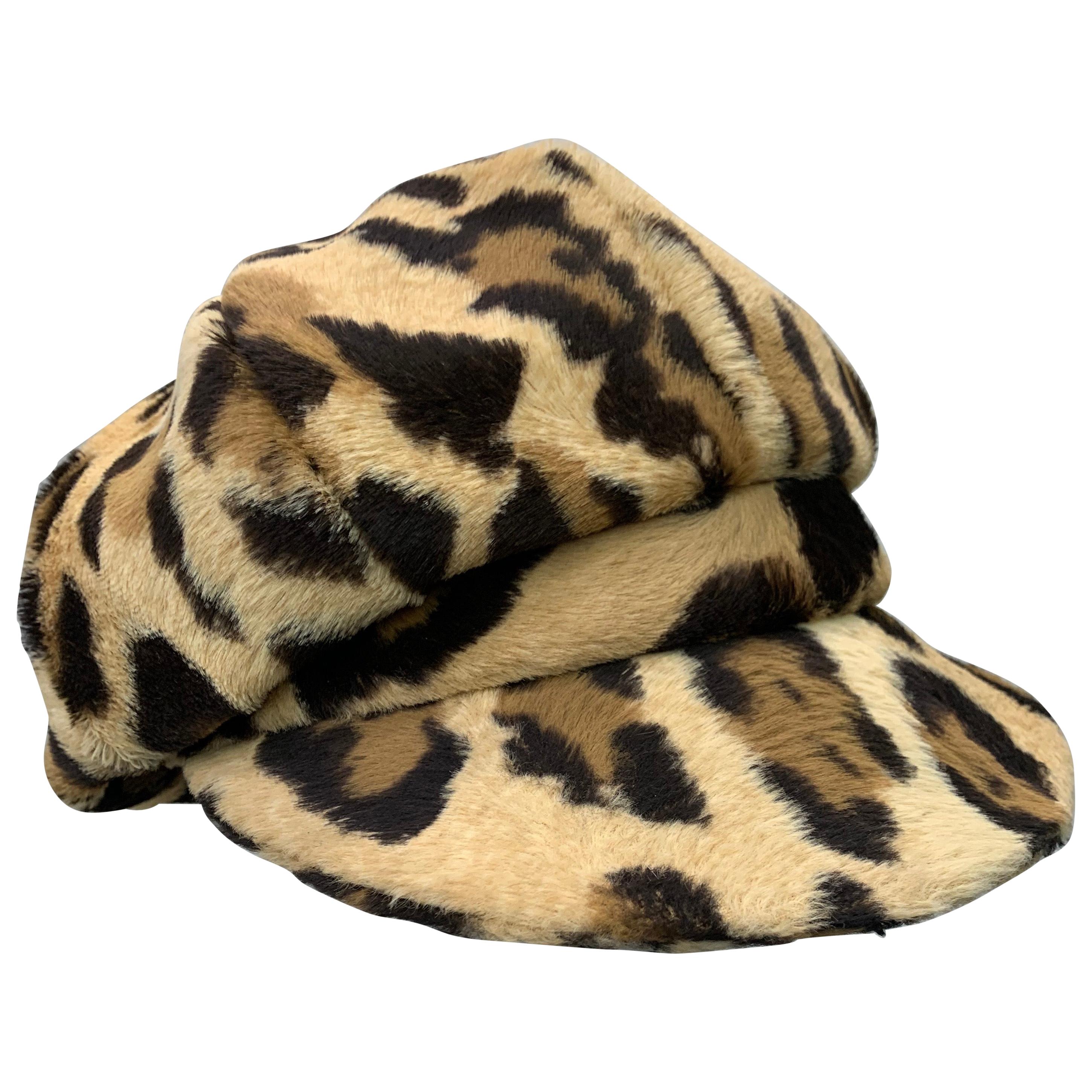 1960s Adolfo Mod Leopard Faux Fur Newsboy-Style Hat w/ Brim