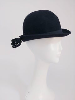 1960s Adolfo Navy Cashmere Felt Hat with Flower Accent