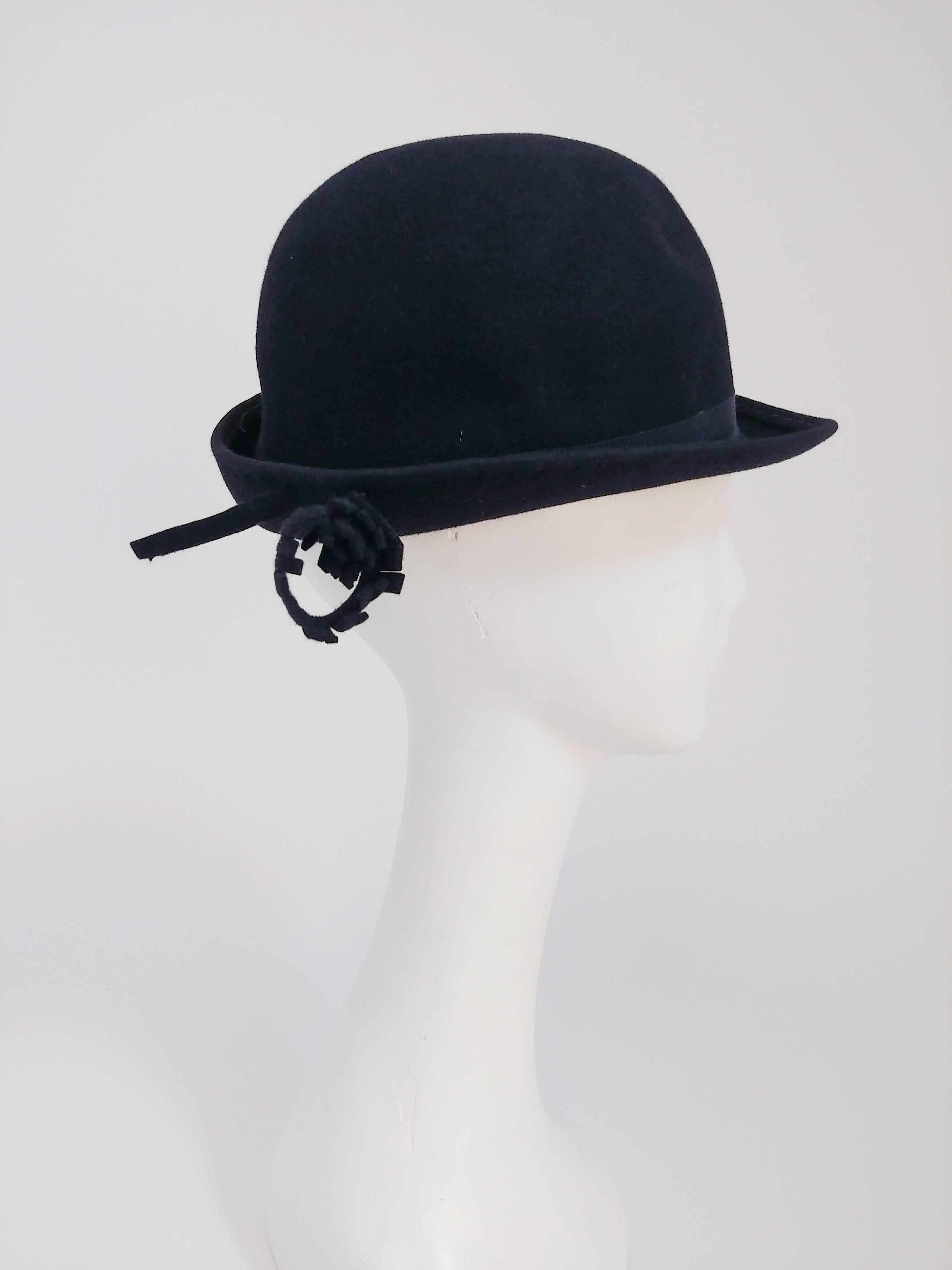 Gray 1960s Adolfo Navy Cashmere Felt Hat with Flower Accent For Sale