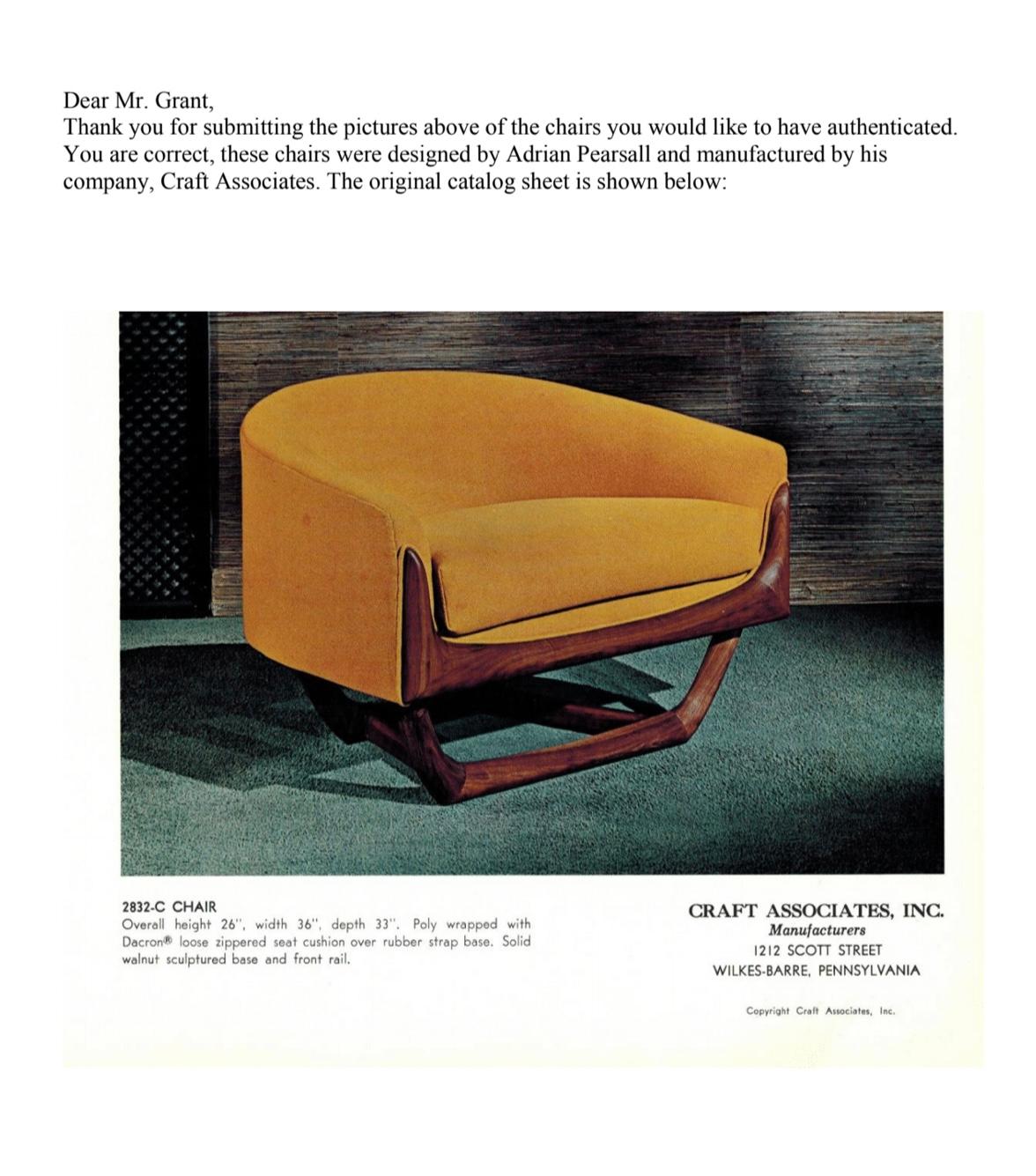 Paire de fauteuils de salon Adrian Pearsall Craft Associates 2832-C des années 1960 en vente 3