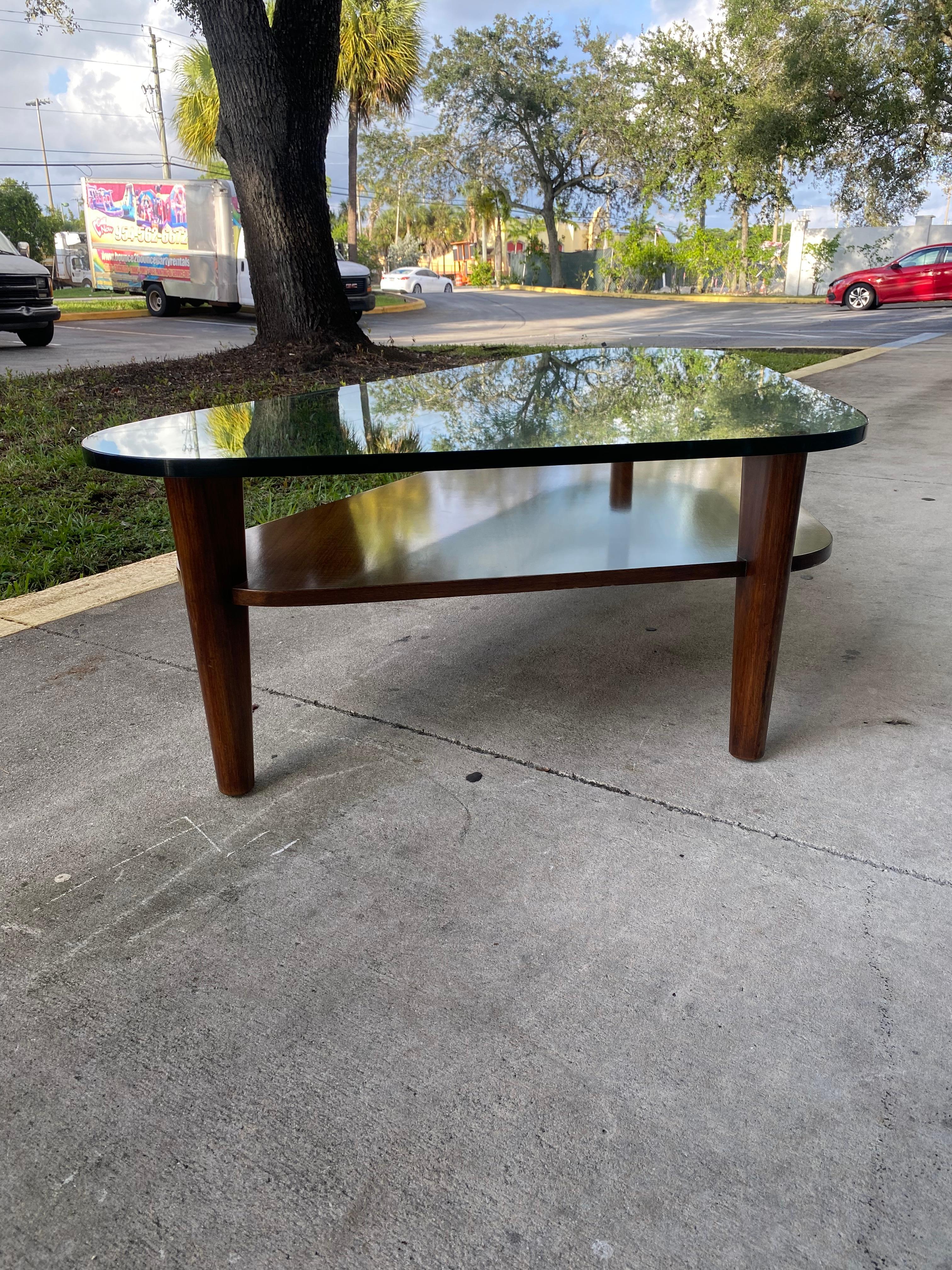 1960s Adrian Pearsall Walnut Glass Tier Triangular Coffee Table  For Sale 2