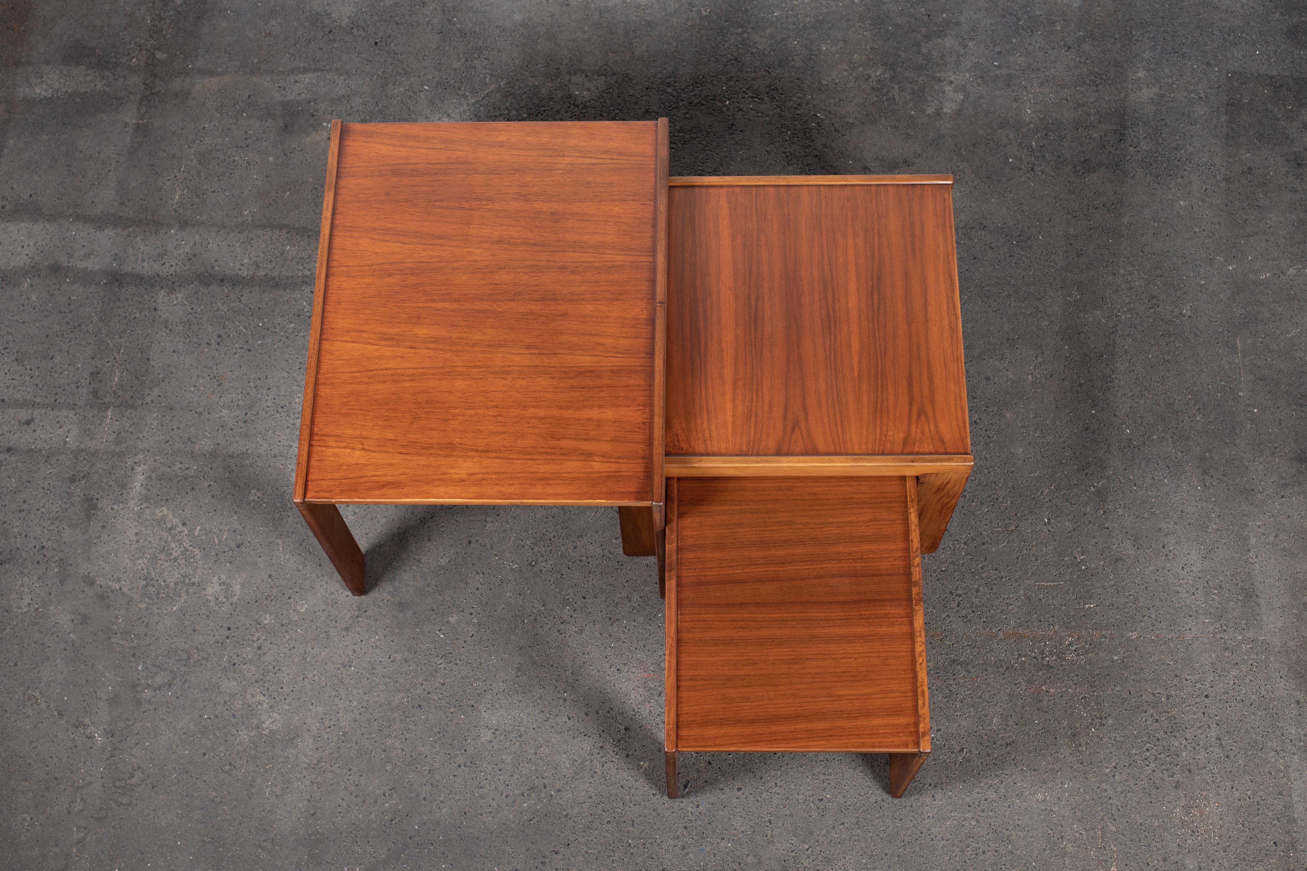 Lacquered 1960s Afra & Tobia Scarpa Mid Century Modern Walnut Nesting Tables Set of 3