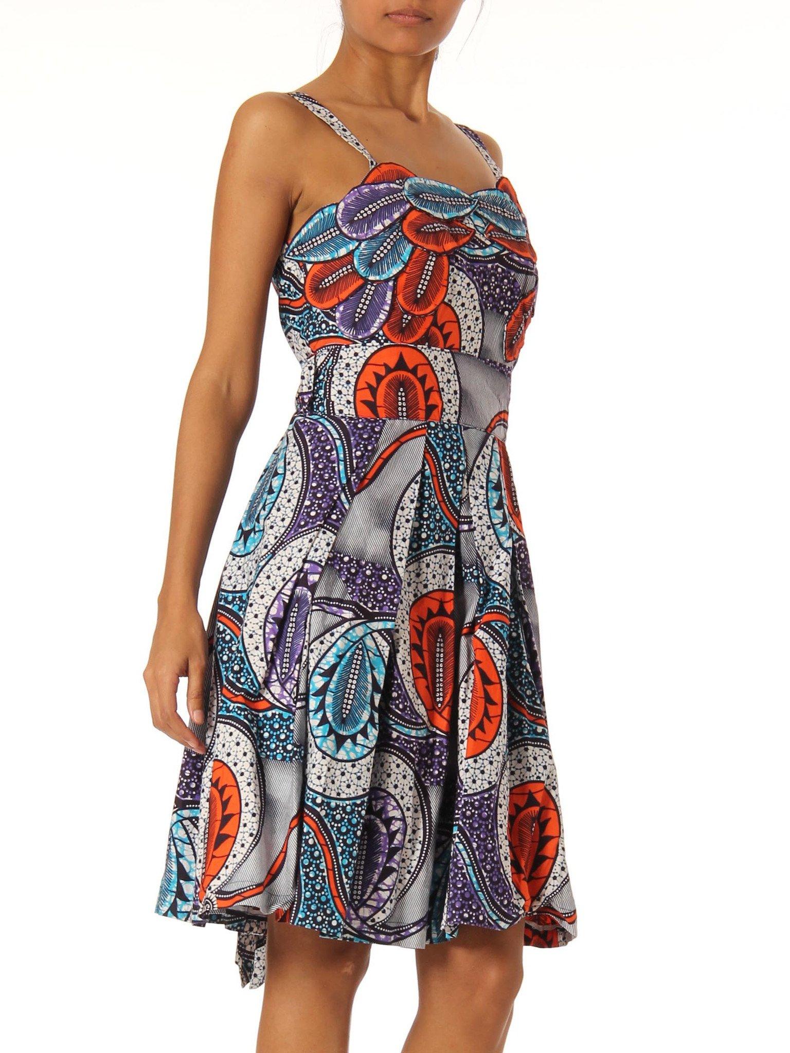 Gray 1960S African Batik Printed Cotton Dress With Appliqué Bodice