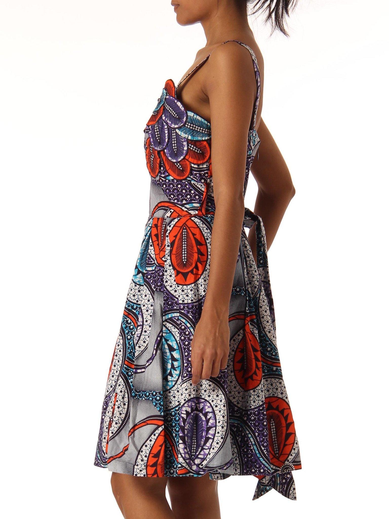 1960S African Batik Printed Cotton Dress With Appliqué Bodice 1