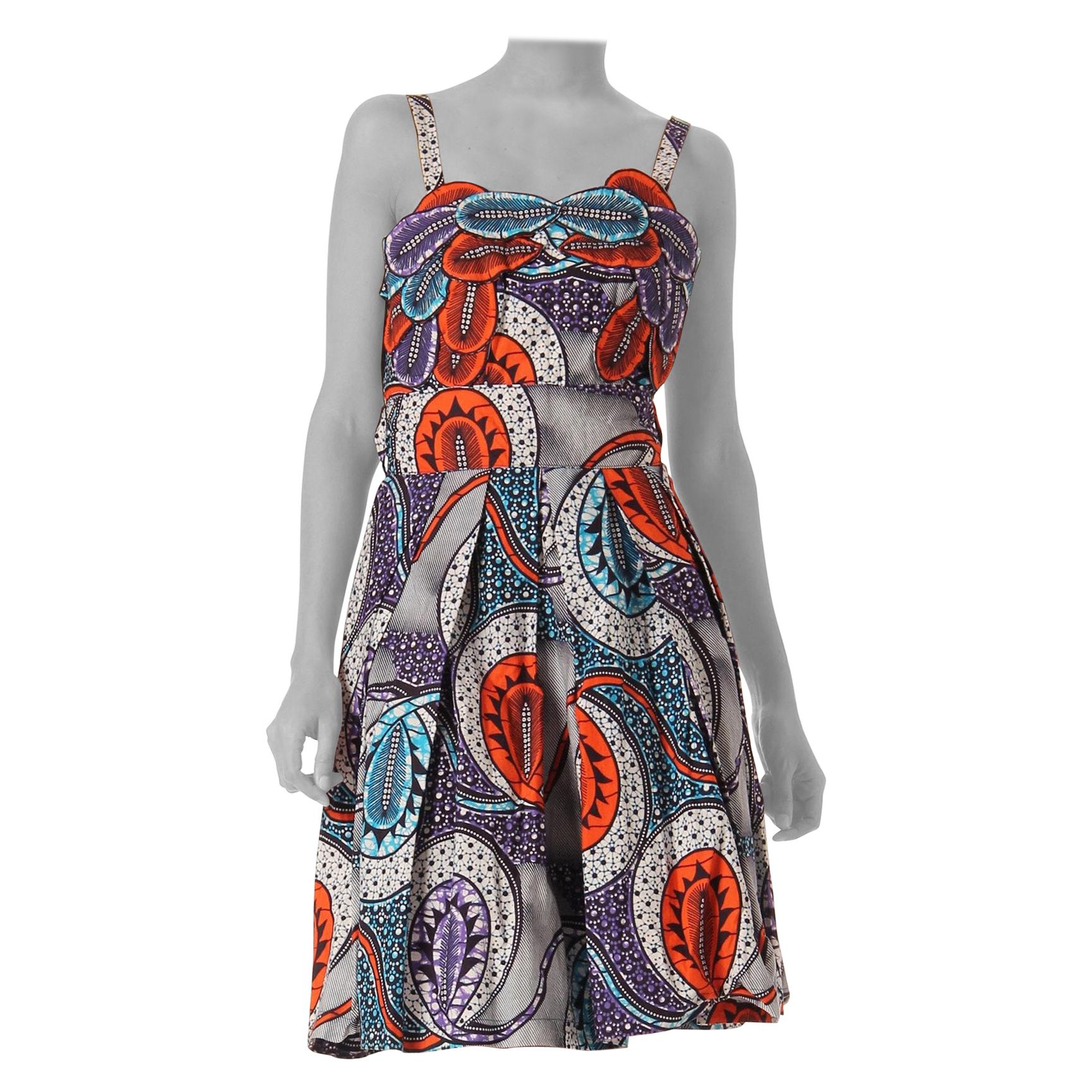 1960S African Batik Printed Cotton Dress With Appliqué Bodice