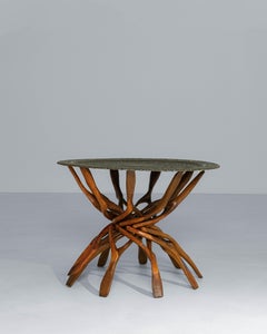 1960s African Hand-Carved Interlocking Wooden Table With Brass Top