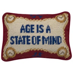Vintage 1960s "Age is a State of Mind" Needlepoint Pillow with Velvet Backing
