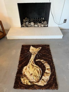 1960's AIDA Brown Beige Cat Tapestry UNUSED Modern Mid Century Rya Rug Wool