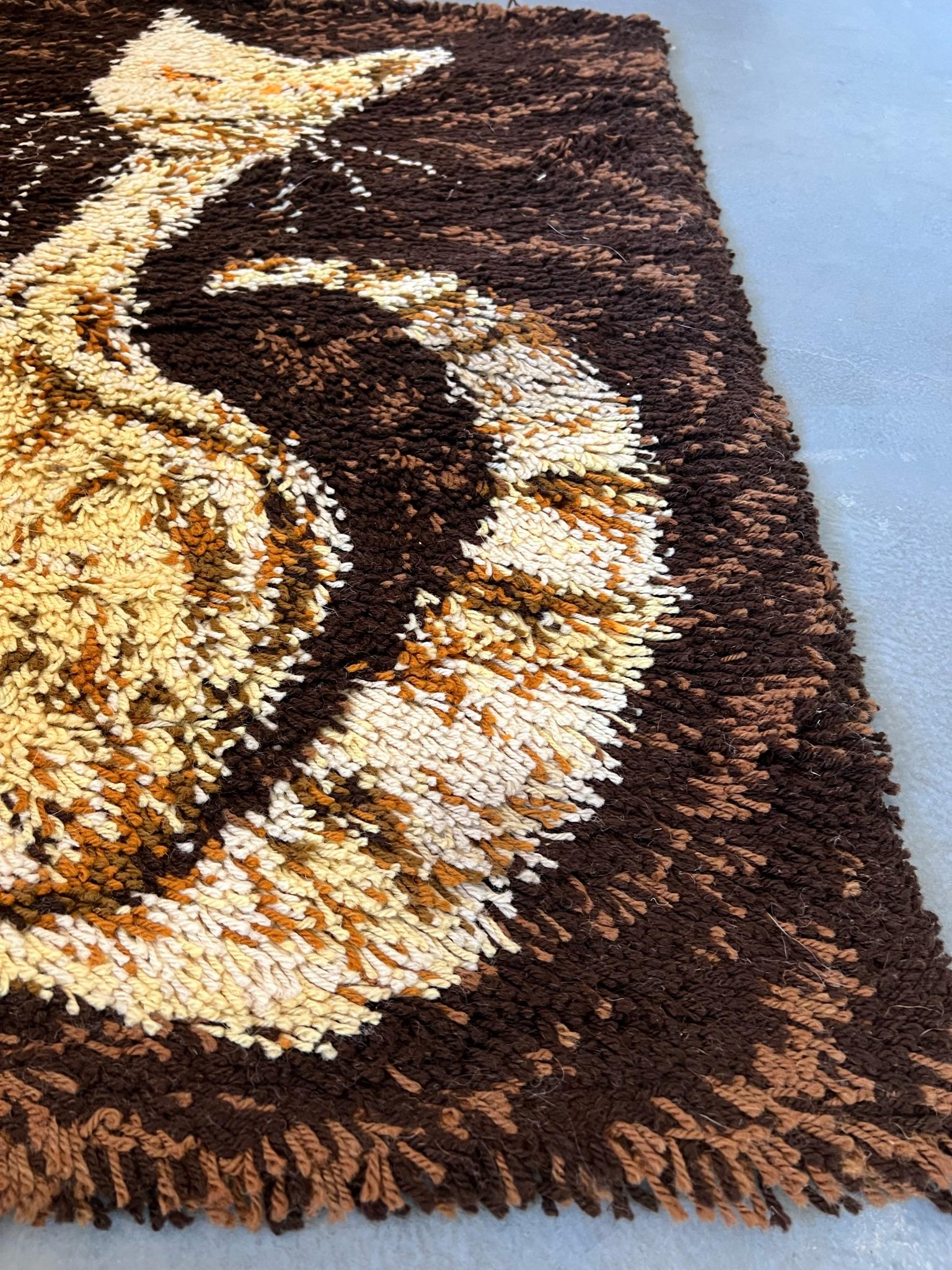 1960's AIDA Brown Beige Cat Tapestry UNUSED Modern Mid Century Rya Rug Wool im Angebot 2