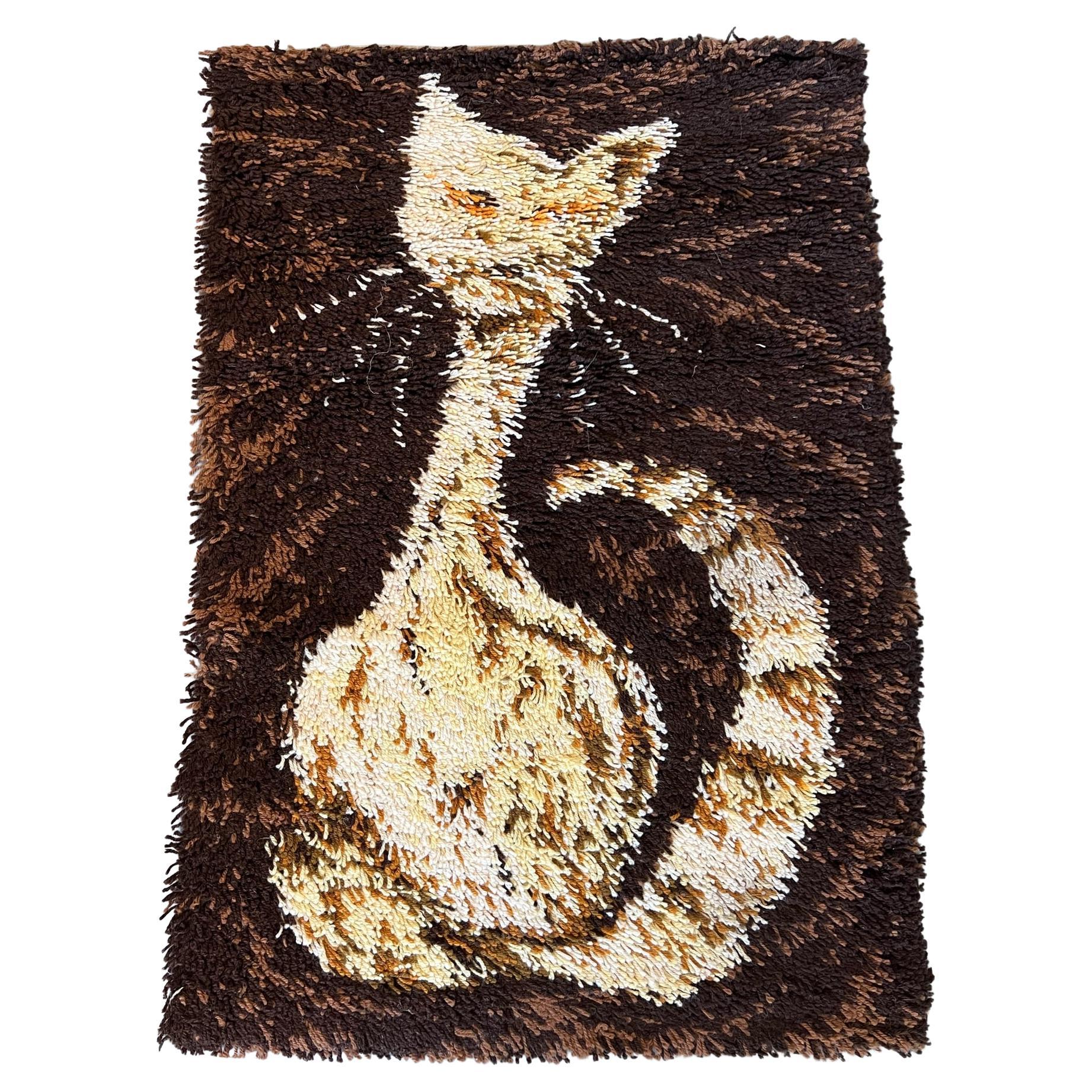 1960's AIDA Brown Beige Cat Tapestry UNUSED Modern Mid Century Rya Rug Wool