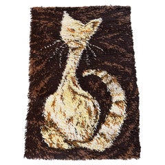 1960's AIDA Brown Beige Cat Tapestry UNUSED Modern Mid Century Rya Rug Wool