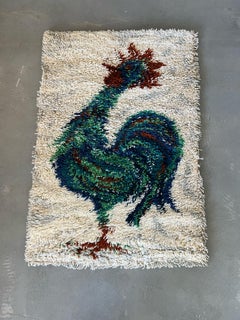 1960's AIDA Rooster Cock Off White UNUSED Mid Century Rya Rug Modern Wool