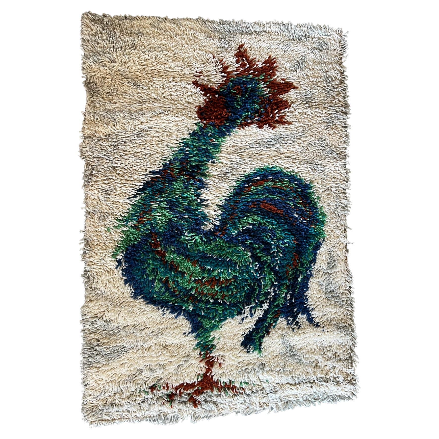 AIDA Rooster Cock Off White 1960 UNUSED Mid Century Rya Rug Modern Wool