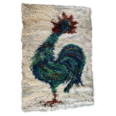 1960's AIDA Rooster Cock Off White UNUSED Mid Century Rya Rug Modern Wool