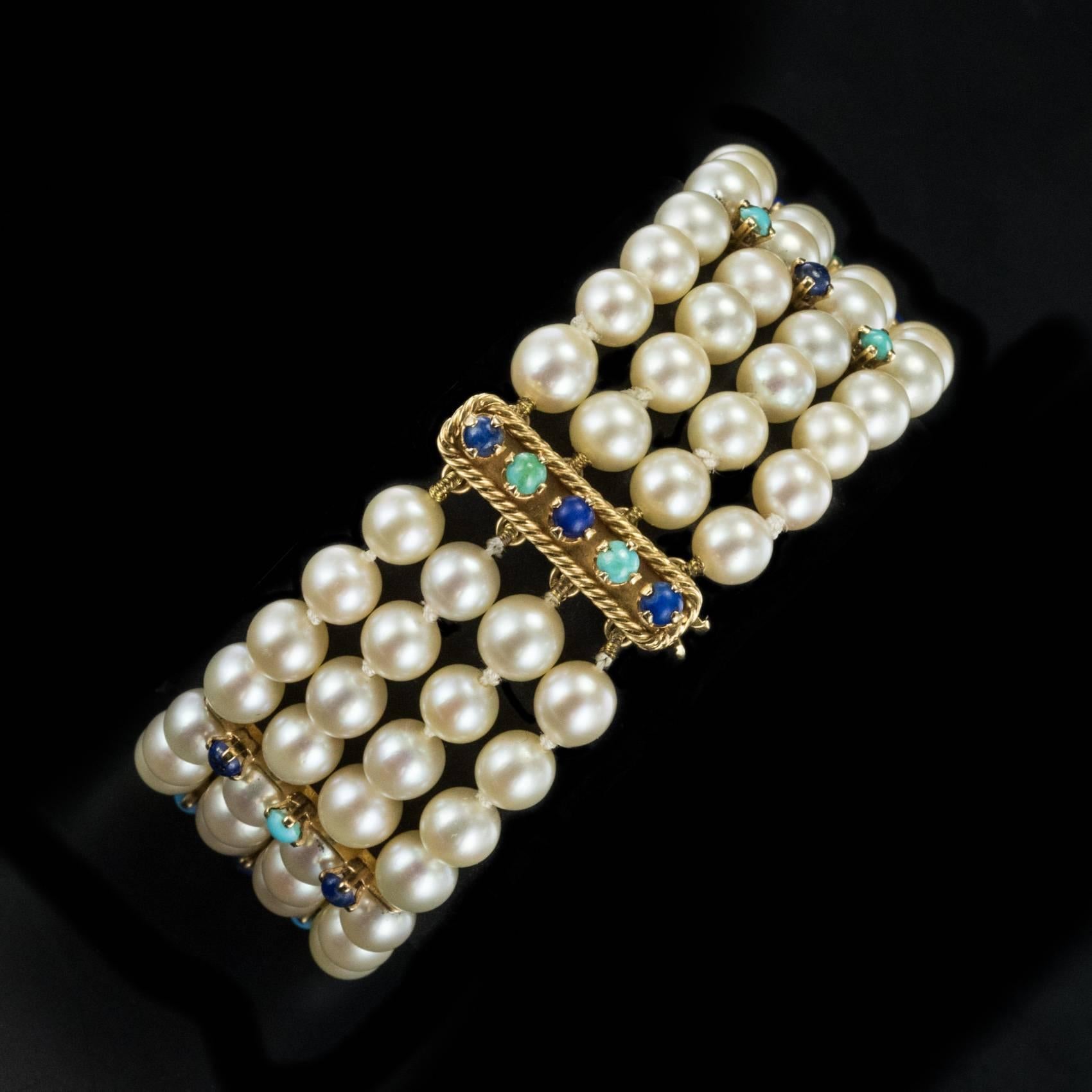Retro 1960s Akoya Cultured Peal Lapis Lazuli Turquoise Beaded Bracelet