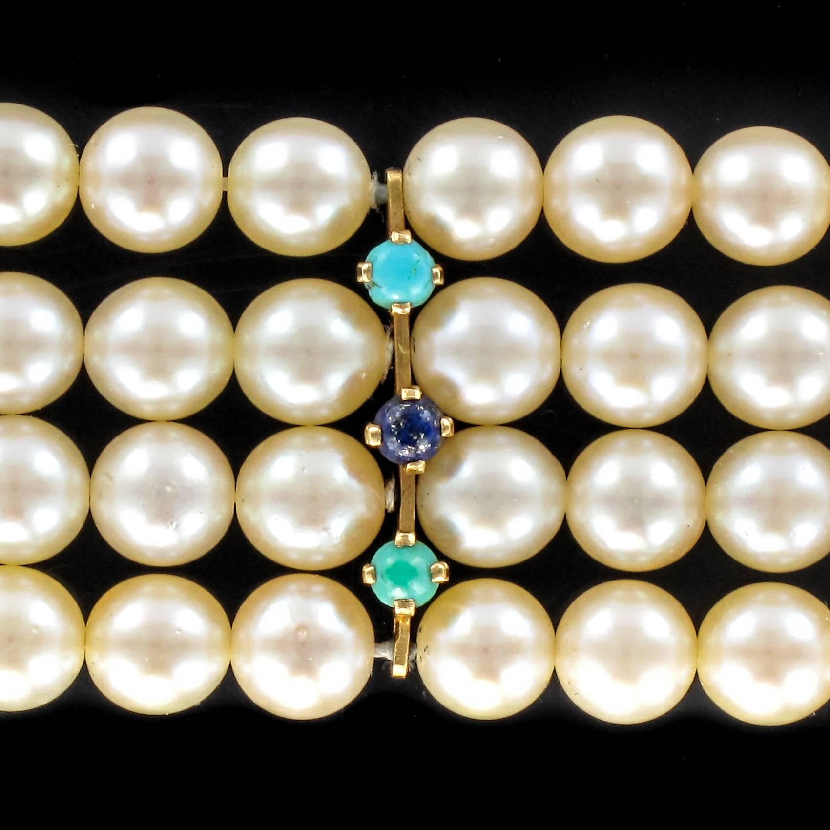 Women's 1960s Akoya Cultured Peal Lapis Lazuli Turquoise Beaded Bracelet