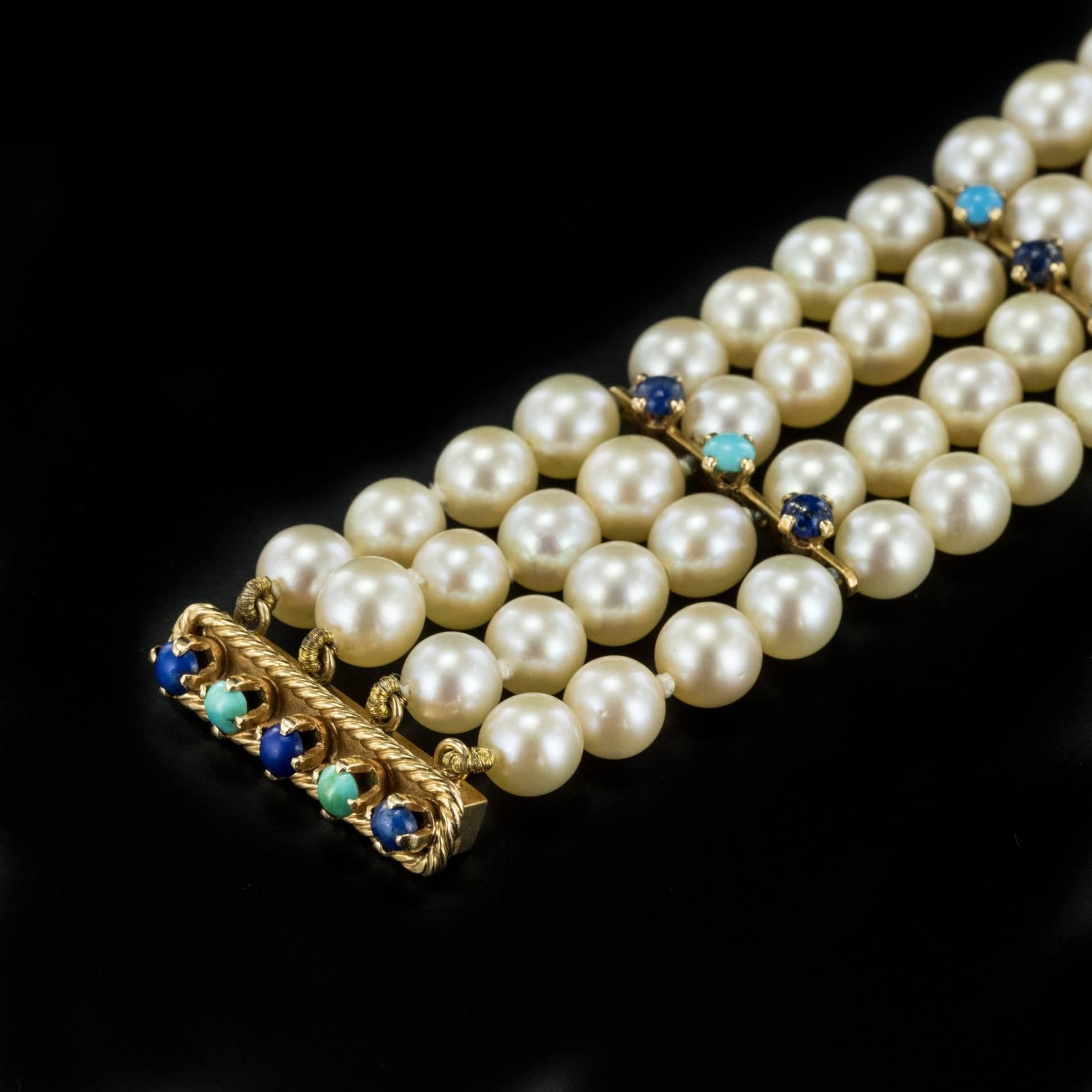 1960s Akoya Cultured Peal Lapis Lazuli Turquoise Beaded Bracelet 1