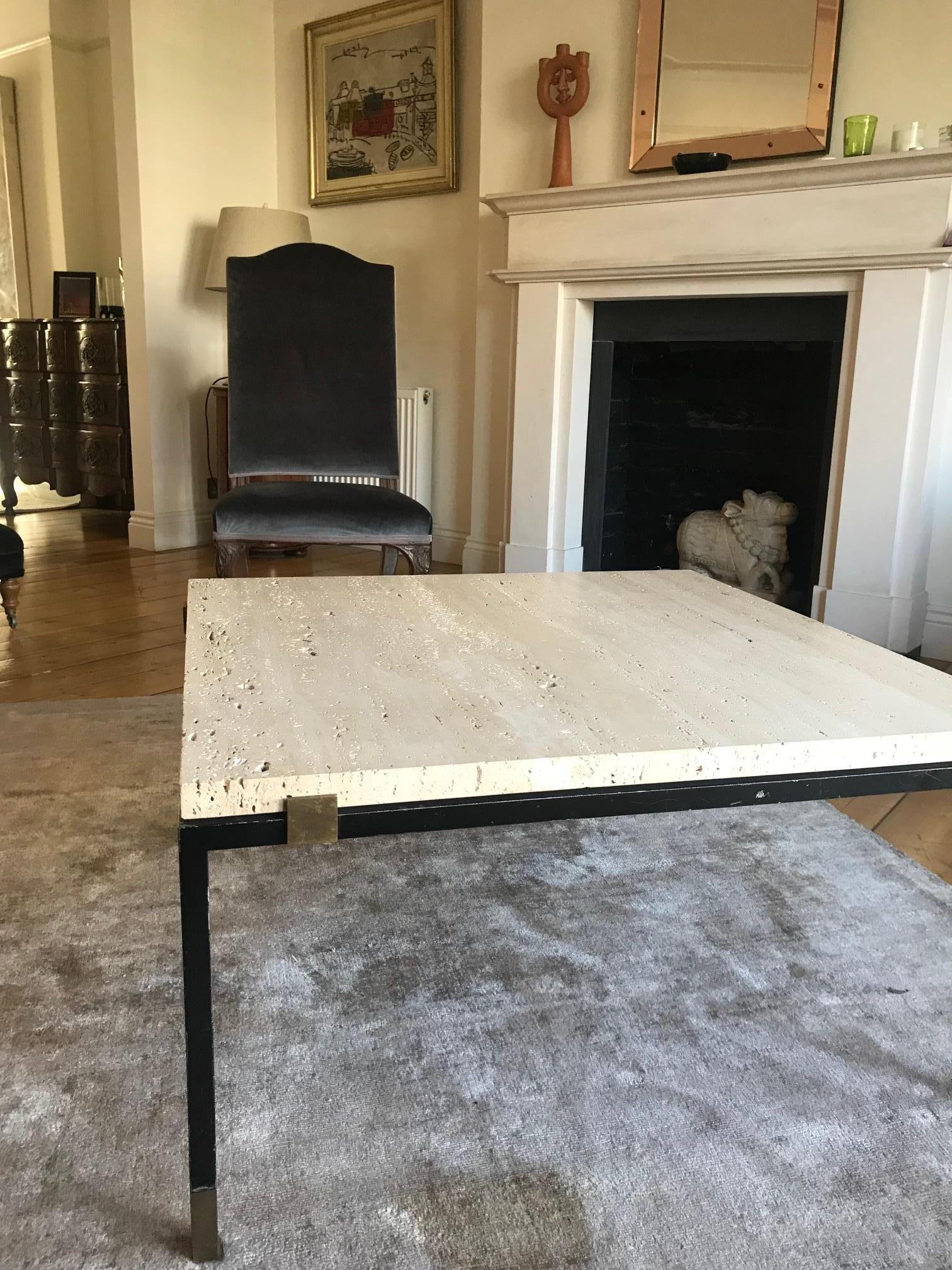 1960's Alain Richard Rare French 1960s Travertine and Black Metal Coffee Table In Good Condition In London, GB