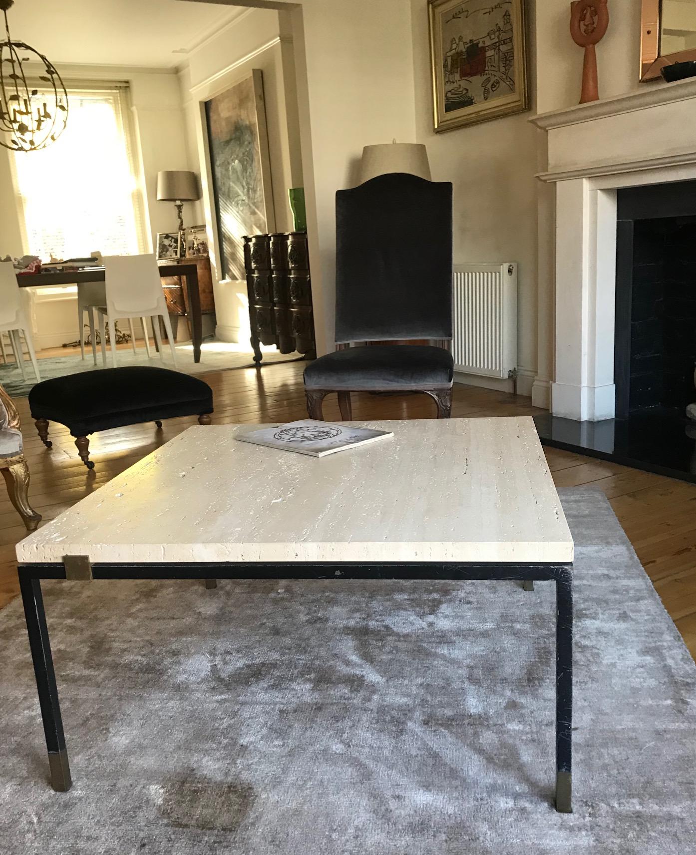 Mid-20th Century 1960's Alain Richard Rare French 1960s Travertine and Black Metal Coffee Table