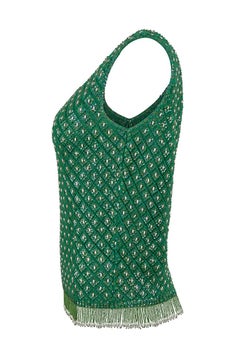 1960s Alan Lee Green Wool Beaded Vest With Tassel Fringe