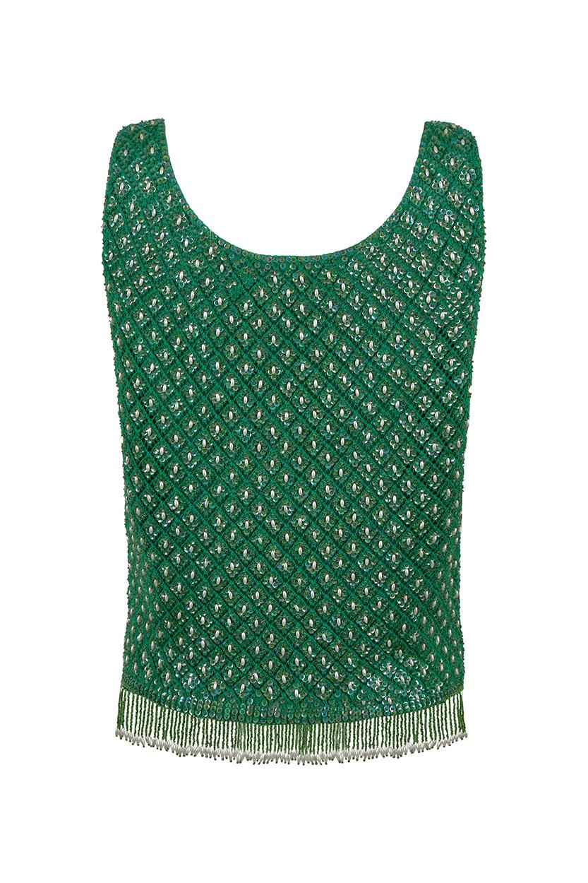 1960s Alan Lee Green Wool Beaded Vest With Tassel Fringe In Excellent Condition For Sale In London, GB