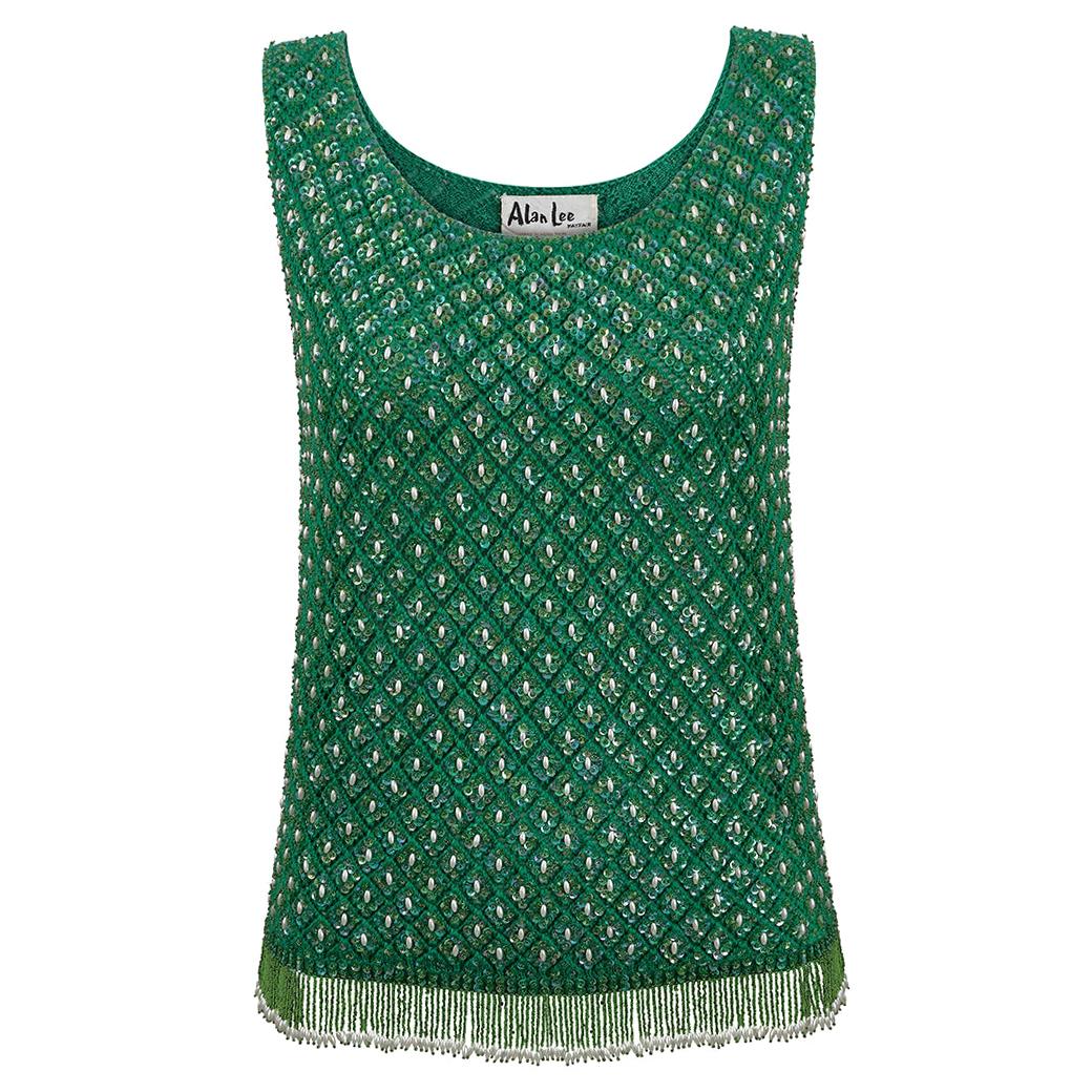 1960s Alan Lee Green Wool Beaded Vest With Tassel Fringe For Sale
