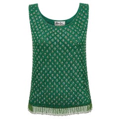 1960 Alan Lee - Gilet en laine perlée verte avec franges à pompons