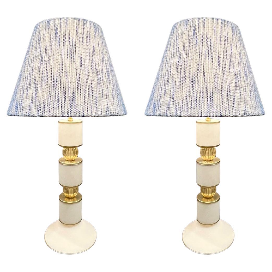 1960s Albarelli Italian Pair of Tall Matte White and Gold Murano Glass Lamps