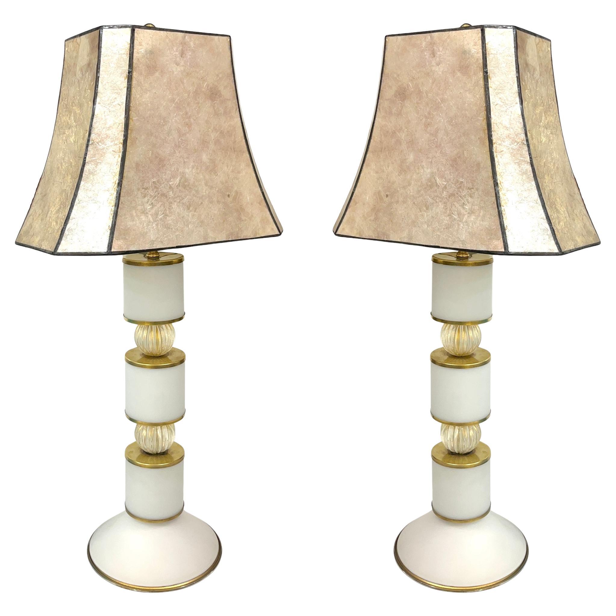 1960s Albarelli Italian Pair Tall Matte White Gold Murano Glass Table Lamps