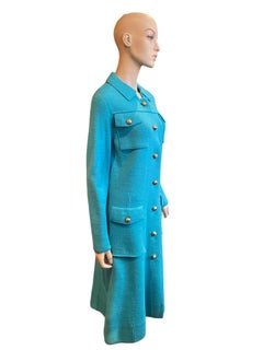 1960s Albertina Roma Turquoise Long Sweater Coat With Gold Buttons