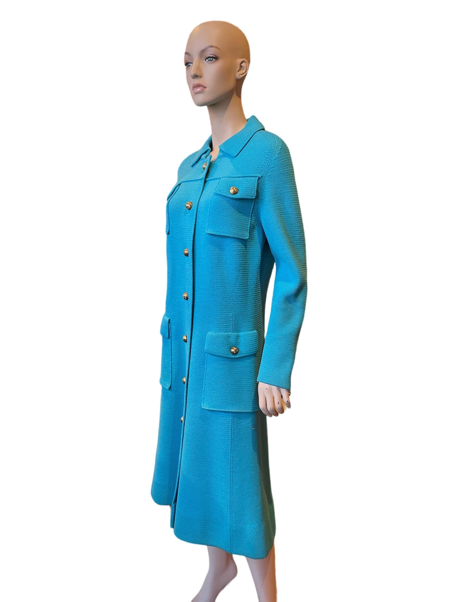 1960s Albertina Roma Turquoise Long Sweater Coat With Gold Buttons In Good Condition For Sale In Greenport, NY