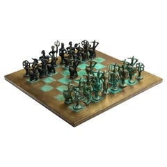 1960s Alberto Giacometti Inspired Brutalist Bronze Chess Set. Italy