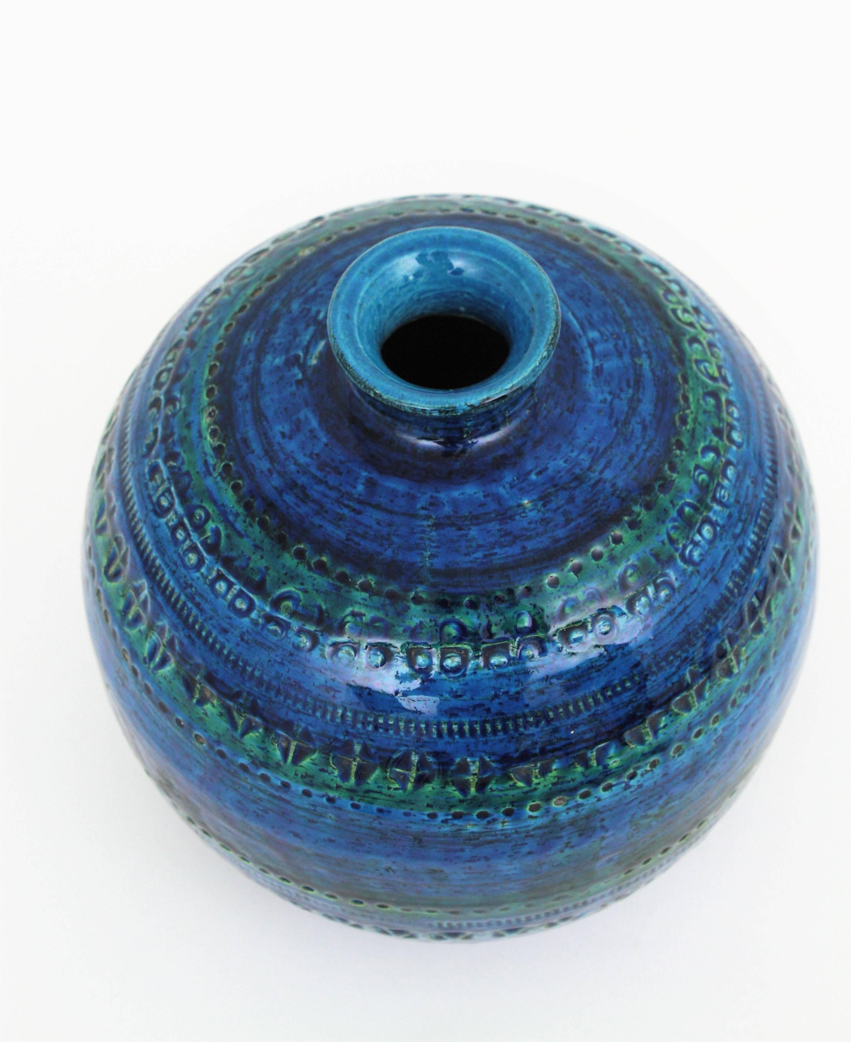Terracotta 1960s Aldo Londi for Bitossi Rimini Blue Glazed Ceramic Large Round Vase