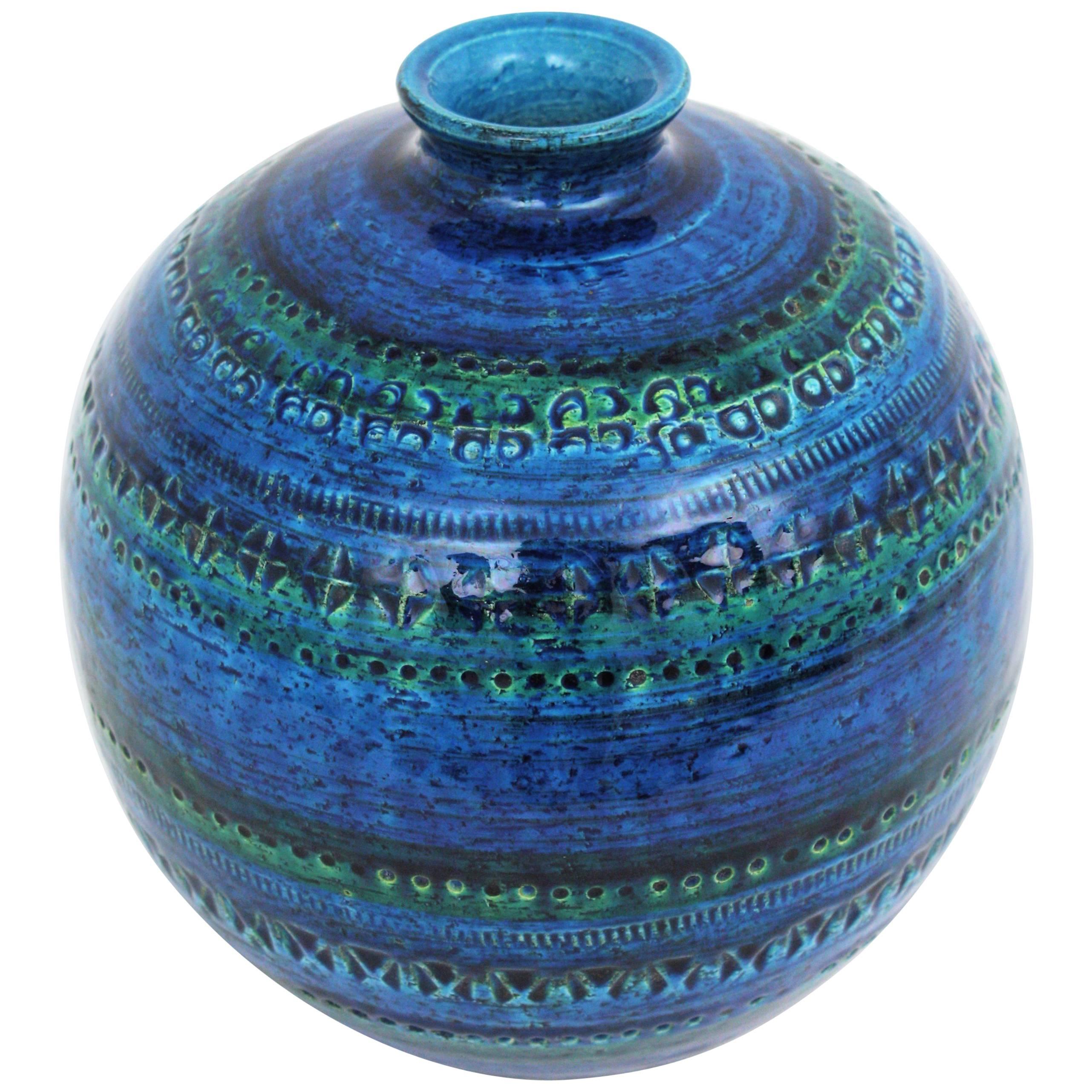 1960s Aldo Londi for Bitossi Rimini Blue Glazed Ceramic Large Round Vase
