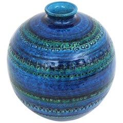 1960s Aldo Londi for Bitossi Rimini Blue Glazed Ceramic Large Round Vase