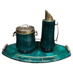 Vintage 1960s Aldo Tura Goatskin Brass Barware Set Ice Bucket Carafe Tray Italy