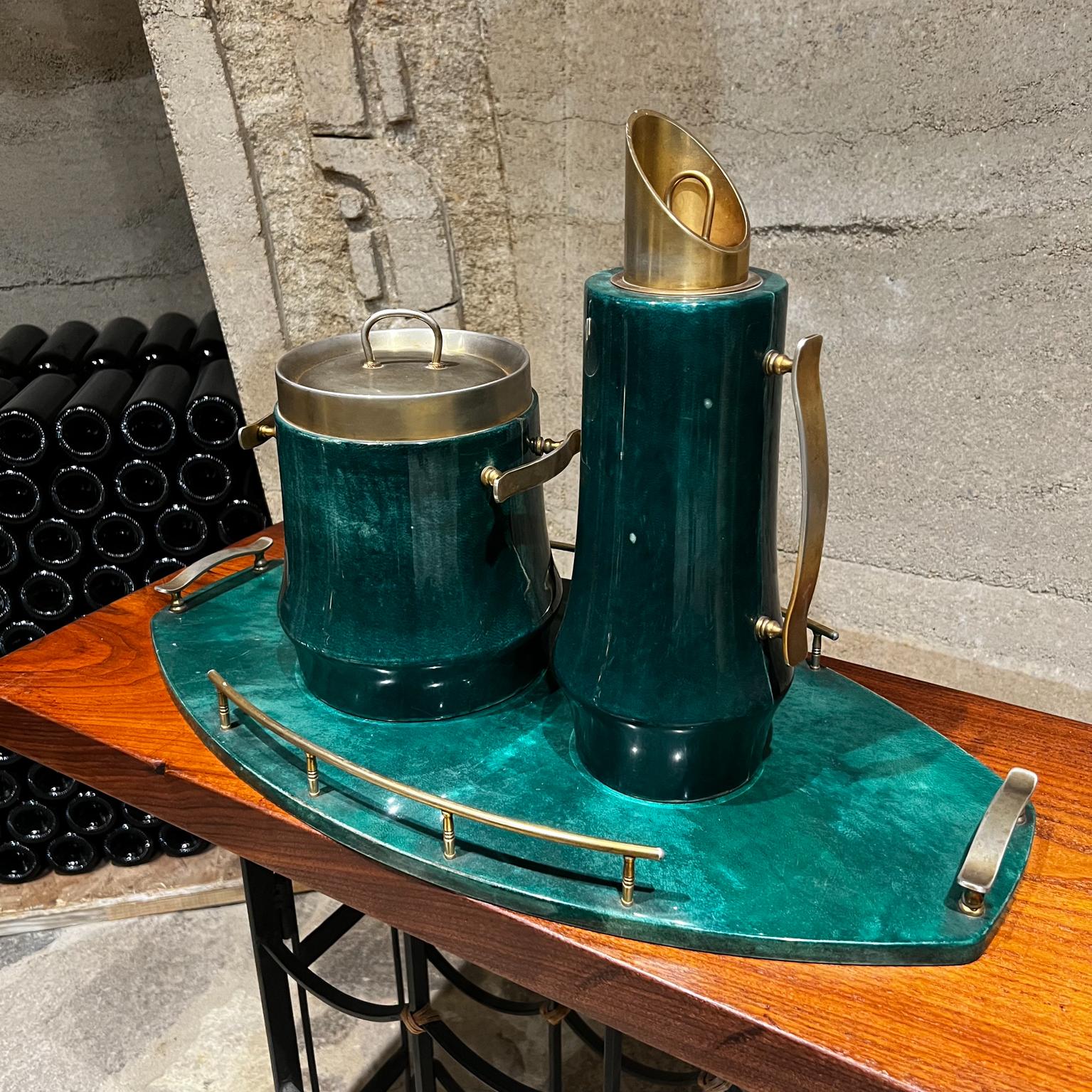 Mid-Century Modern 1960s Aldo Tura Goatskin Brass Barware Set Ice Bucket Carafe Tray Italy
