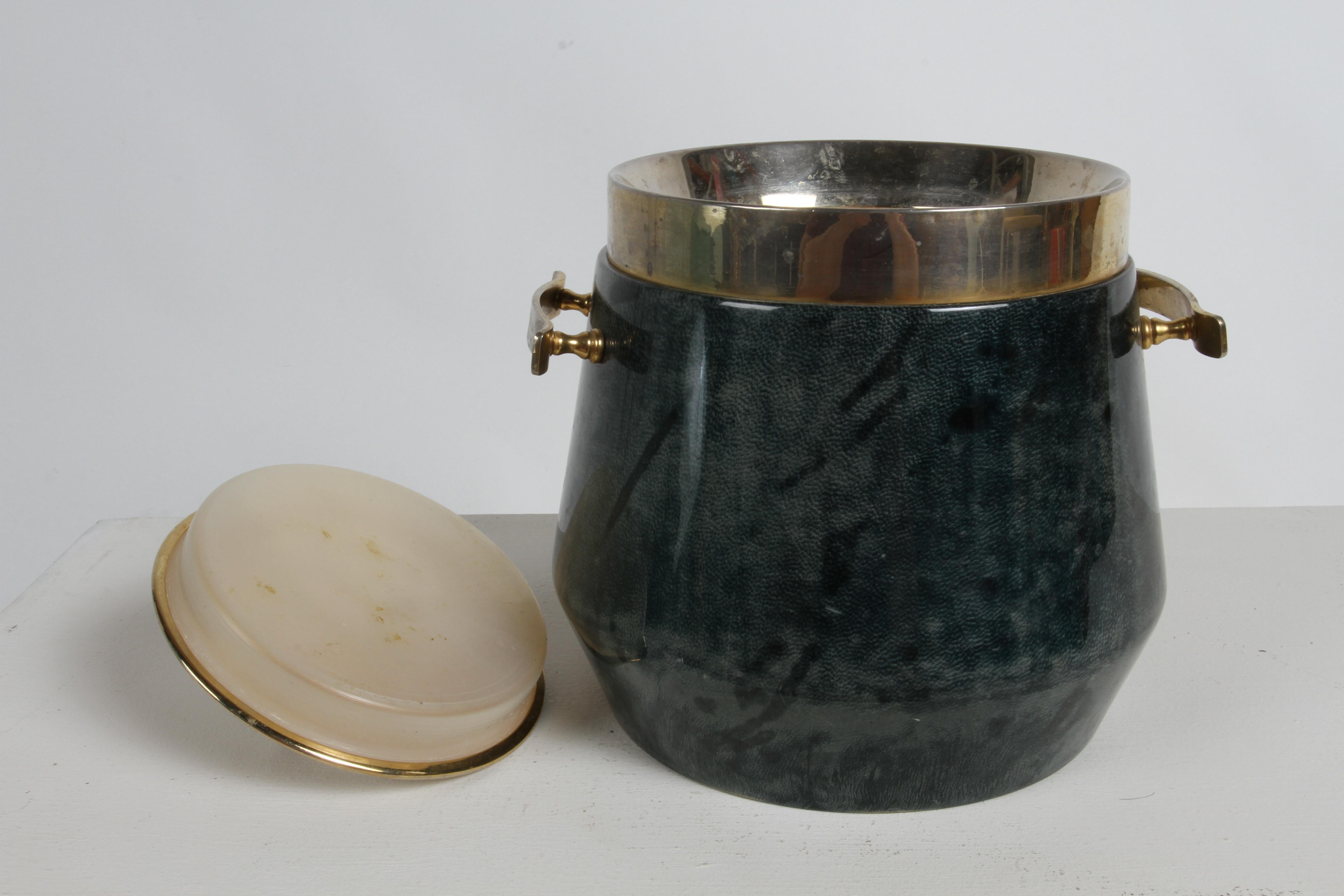 1960s Aldo Tura Lacquered Green Goatskin Ice Bucket with Gold Plated Barware 5