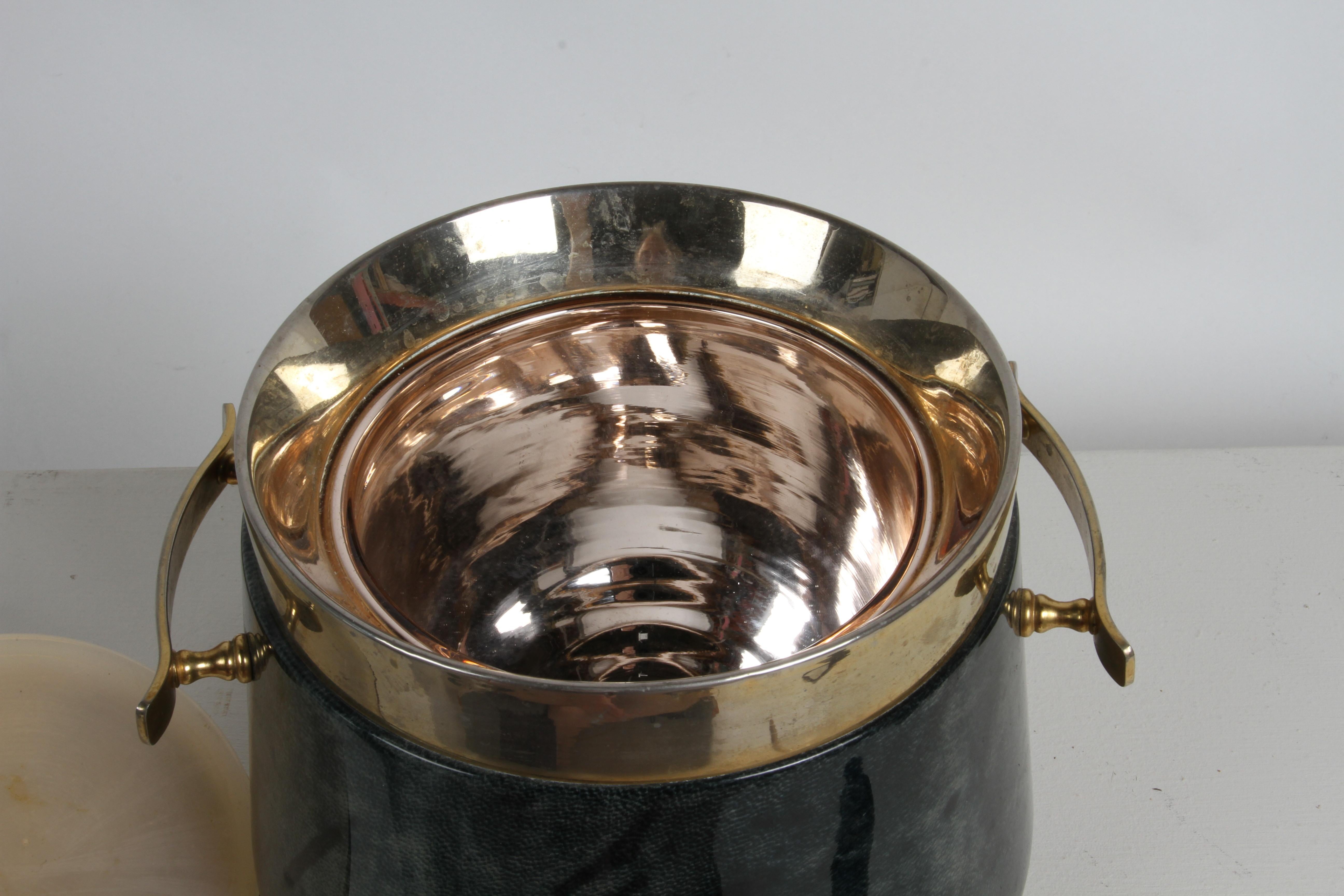 1960s Aldo Tura Lacquered Green Goatskin Ice Bucket with Gold Plated Barware 6