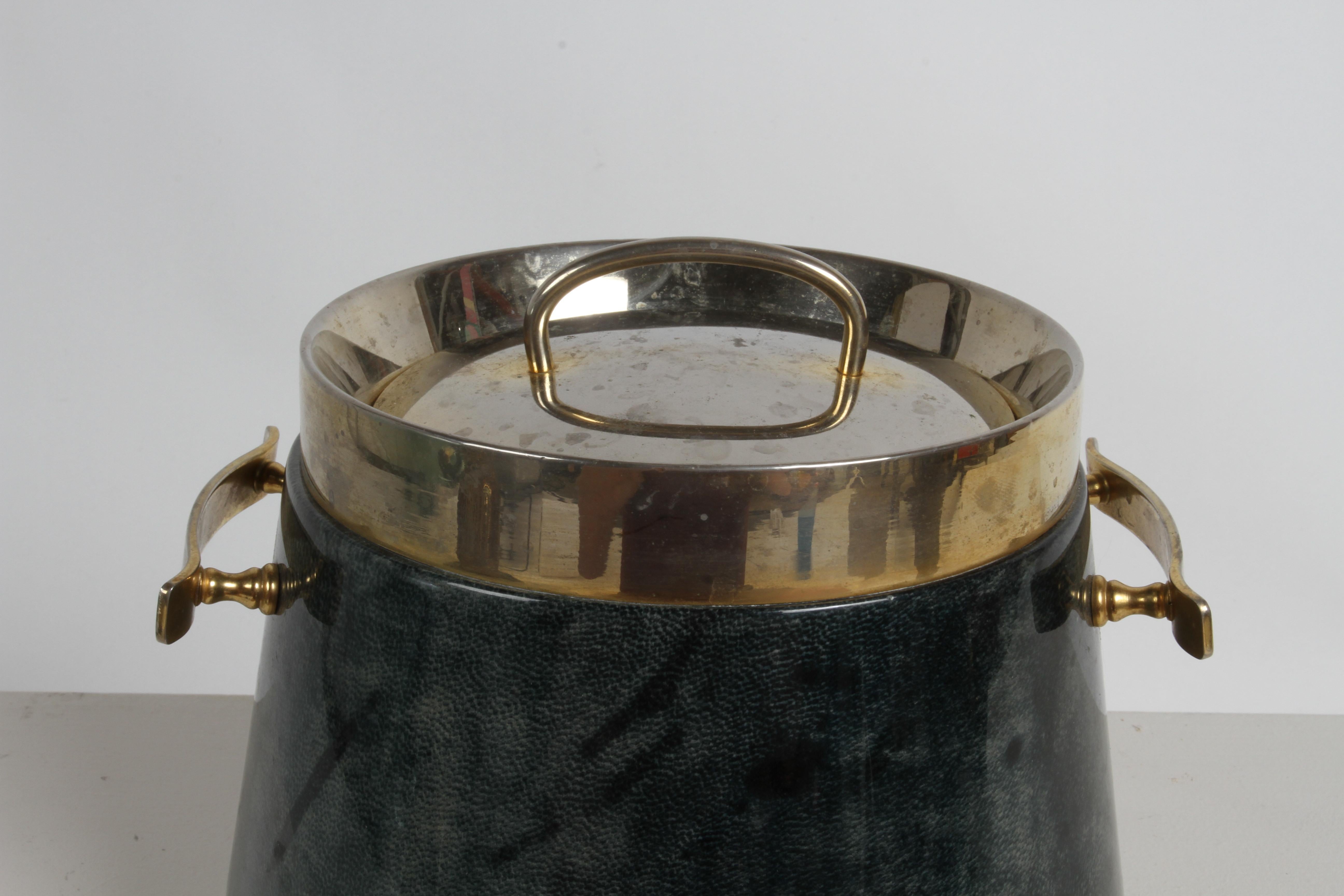 Mid-Century Modern 1960s Aldo Tura Lacquered Green Goatskin Ice Bucket with Gold Plated Barware